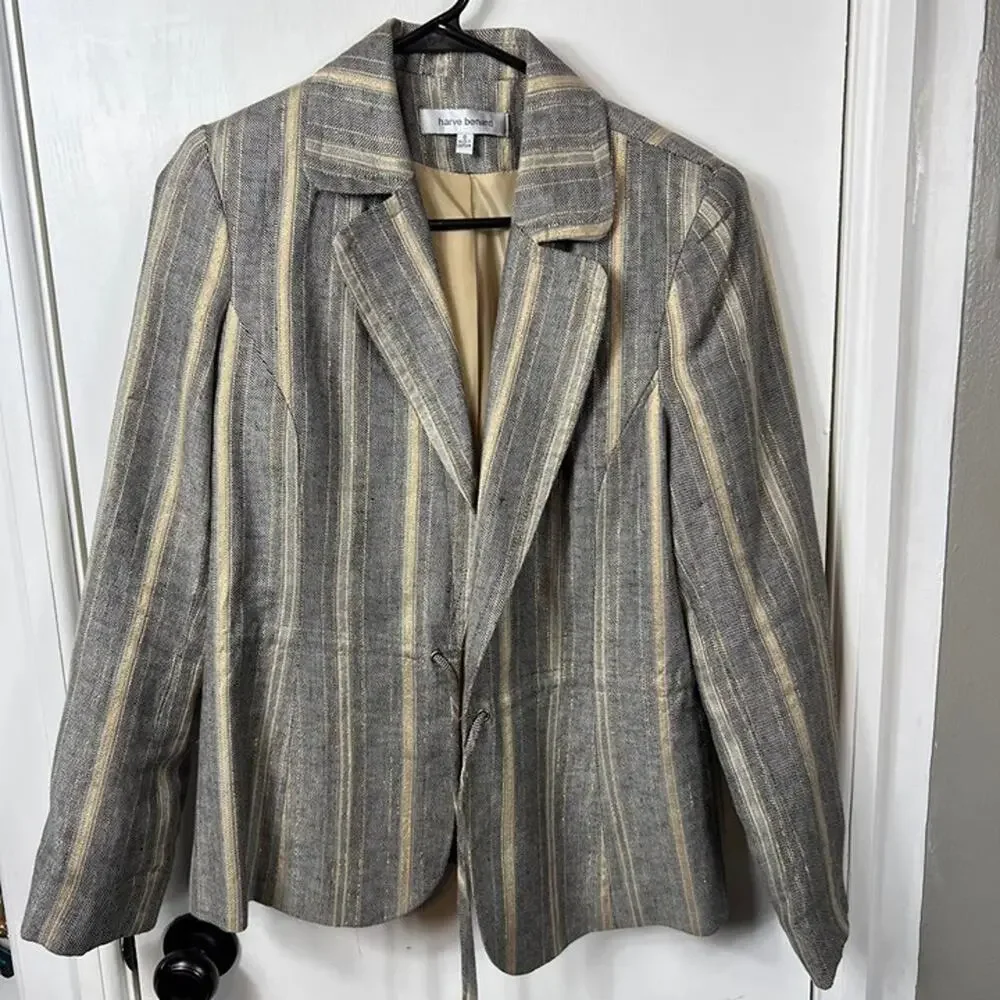 Harvé Bernard Gray & Gold Striped Linen Blend Tie Front Blazer, Size 8